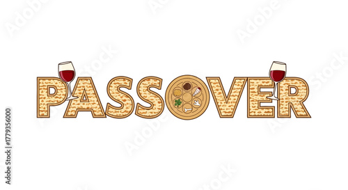 Illustration Passover text with matzah texture and seder plate decoration
