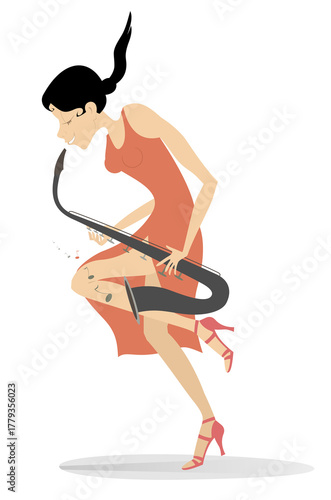 Beautiful saxophonist woman in red dress. Isolated on white background