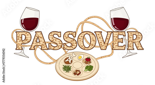Illustration Passover seder plate with matzah text wine glasses holiday meal