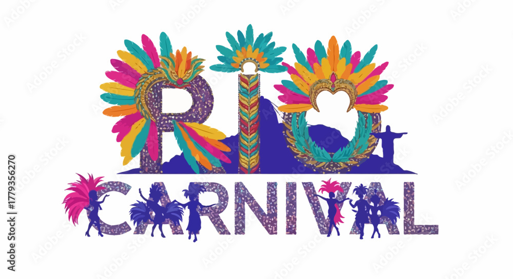 Fototapeta premium Festive vector Rio carnival celebration illustration with colorful costumes dancers