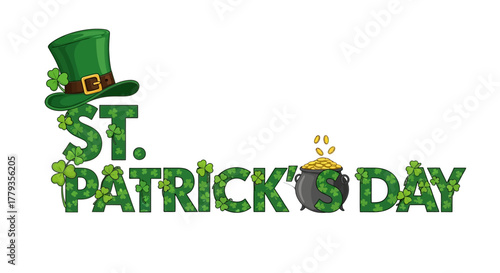 Illustration St Patricks Day text with hat and pot of gold