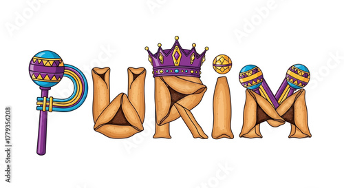 Cartoon Purim celebration with hamantaschen cookies, crown and noise makers