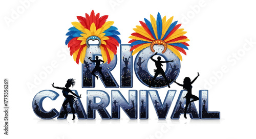 Festive rio carnival vector illustration with dancers and colorful headdresses