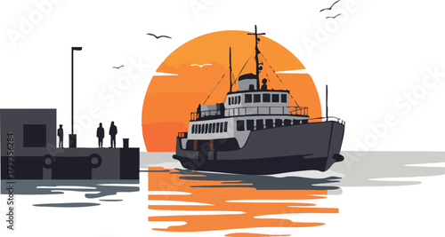 A ferry boat is docked at a pier with people standing on it near a large orange sun.