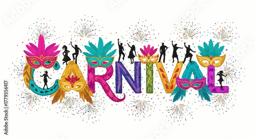 Vector Carnival celebration design with masks and dancing silhouettes