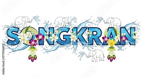 Illustration Songkran festival with water splashes elephants and jasmine garland
