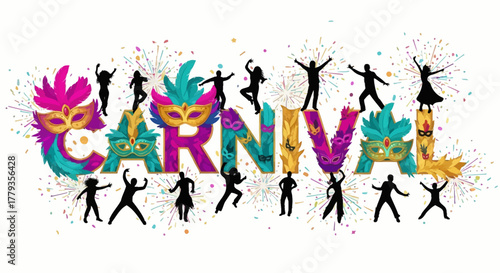 Vector Carnival celebration text with festive masks and dancing people silhouettes