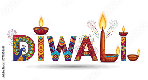 Festive diwali vector design colorful decorated letters and oil lamps