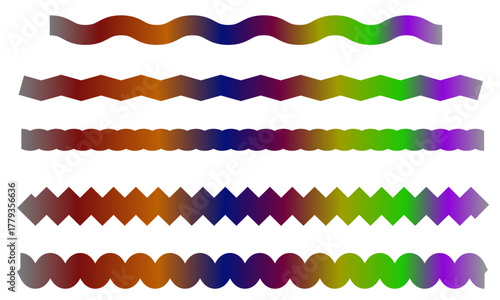 Vibrant gradient border collection. Set of decorative divider elements with wavy, zigzag, diamond, and scalloped shapes. Modern abstract geometric vector illustration for website banners and graphic d
