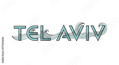 Vector illustration Tel Aviv typography text decorated with blue sea waves