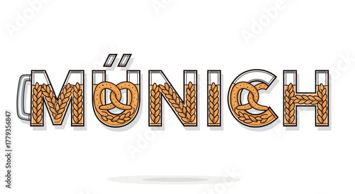 Illustration Munich lettering filled wheat and pretzel elements decoration style