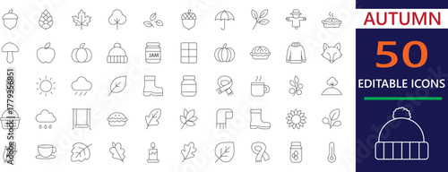 A cozy autumn thin icon set designed in clean vector style. Perfect for fall, nature, seasonal, and thanksgiving projects.