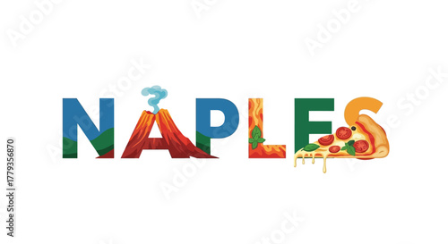 Vector illustration Naples colorful typography with volcano and pizza slice