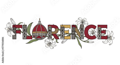 Decorative Florence illustration with cathedral dome and lily flowers accents