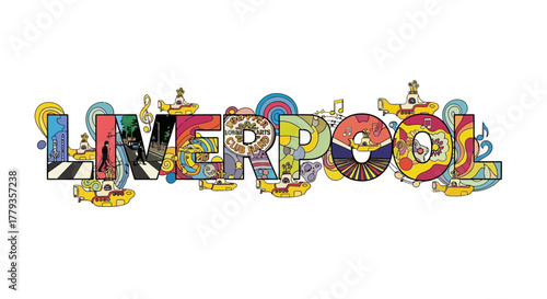 Colorful vintage illustration Liverpool letters design and yellow submarine details