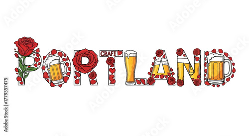 Illustration of Portland sign decorated with red roses and beer glasses