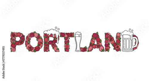 Floral Portland text with beer glasses decoration vector illustration design