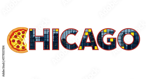 Graphic illustration of Chicago with pizza and city skyline letters