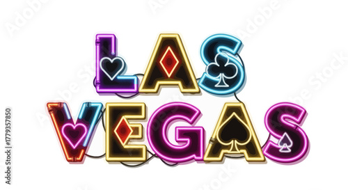 Neon Las Vegas sign with card suits glowing brightly on white