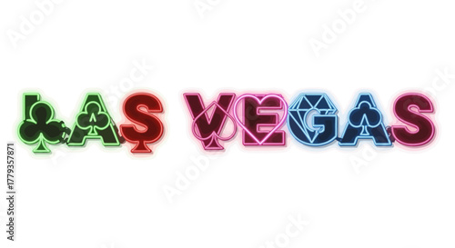 Neon Las Vegas sign illuminated with card suit symbols glow design