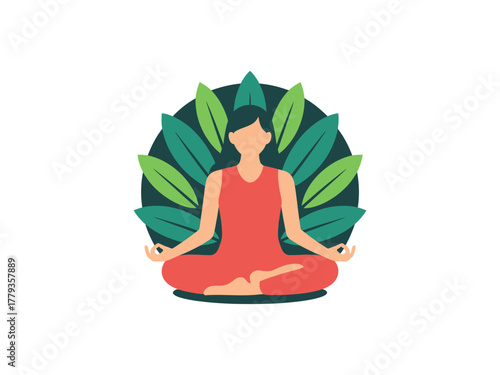 A person meditating in a lotus position surrounded by leaves, symbolizing peace and well-being.