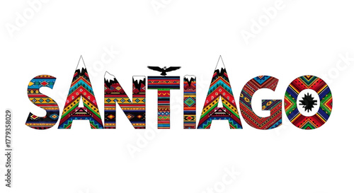 Decorative santiago lettering with andean patterns chilean mountains condor illustration