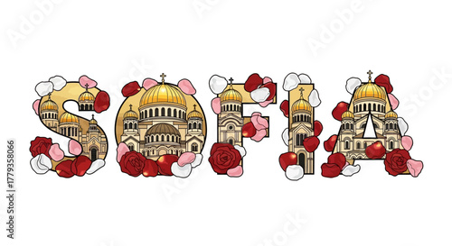 Illustrative Sofia city name Saint Alexander Nevsky Cathedral rose petals