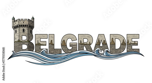 Illustration belgrade city with landmark tower and river waves design