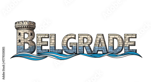 Illustrated Belgrade text with river waves and stone tower element