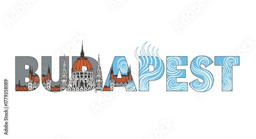 Illustration Budapest cityscape forming capital letters vector graphics design
