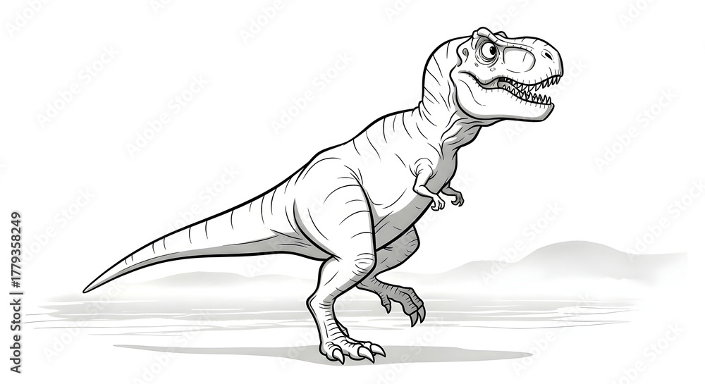 Obraz premium A detailed black and white illustration of a fierce Tyrannosaurus Rex dinosaur, depicted in a dynamic pose, set against a minimalist backdrop