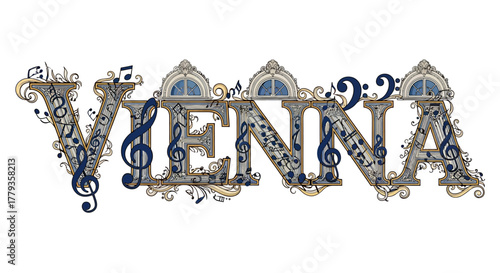Decorative Vienna lettering with musical notes and architectural elements design