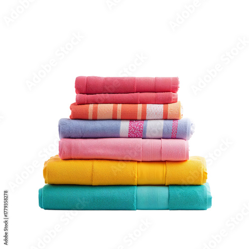 Brightly Colored Towels Stacked Neatly on a White Background for Bathroom or ...
