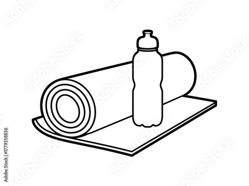 A rolled-up yoga mat and water bottle are ready for a workout.