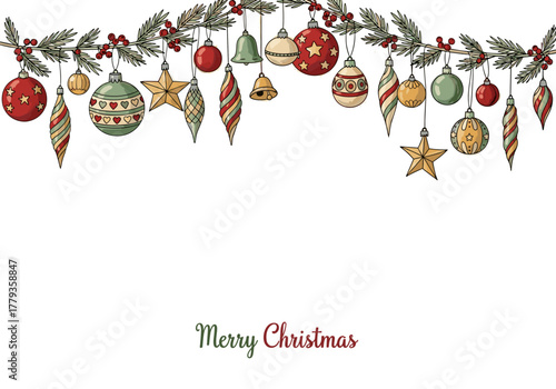 Festive christmas hanging ornaments with bells and stars on pine garland