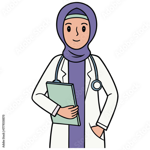 Vector Illustration of Islamic Woman Medical Professional - Modern Doctor Character Design