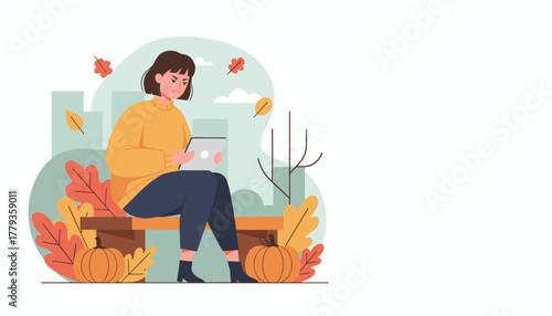 Frustrated woman uses laptop on a park bench during autumn surrounded by pumpkins and fall foliage