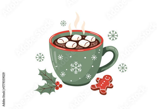 Festive hot chocolate mug with marshmallows and gingerbread cookie for christmas