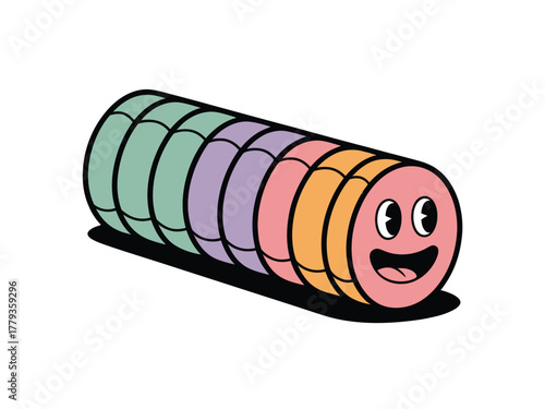 A colorful, segmented, cartoon caterpillar character smiles happily against a white background.
