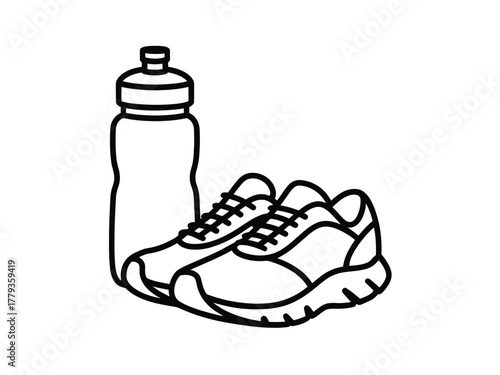 A pair of athletic shoes and a water bottle are depicted in a simple line drawing.