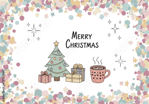 Festive christmas scene with tree, gifts, and hot chocolate in pastel colors