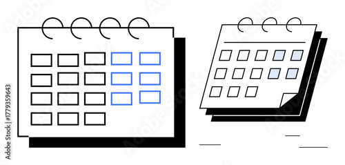 Spiral-bound calendars with highlighted dates, emphasizing time management and structure. Ideal for productivity, appointment tracking, event planning, routine, office tasks, and deadlines. Simple