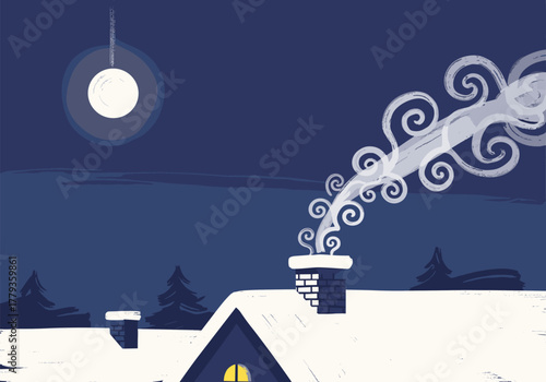 Cozy winter night scene with smoky chimney and full moon