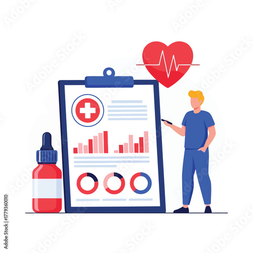 Doctor analyzing patient health data, heart rate, and medical charts, demonstrating modern healthcare management and treatment planning with medication for improved wellness and informed decisions