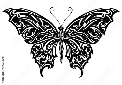 Intricate black and white butterfly illustration with ornate, swirling patterns, perfect for tattoos, designs, and artistic projects