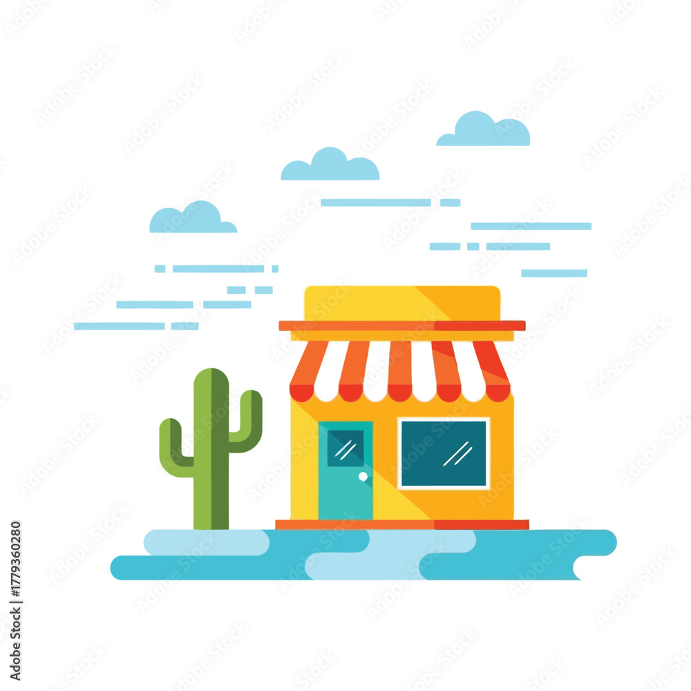 Obraz premium Stylized illustration of a vibrant small shop with an awning and cactus, symbolizing local commerce in a modern desert setting