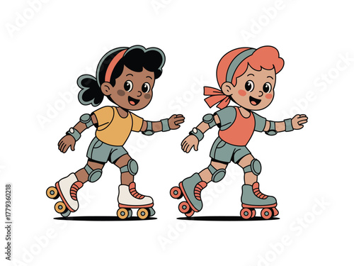 Two smiling children enjoying roller skating with protective gear on a white background
