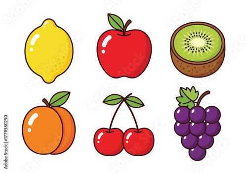 A colorful collection of fresh and healthy fruits including apple, lemon, kiwi, peach, cherries, and grapes, perfect for a balanced diet and natural refreshments
