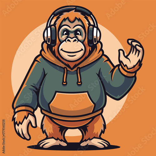 Funny Gorilla with Headphones Hip-Hop Style Cartoon Ape