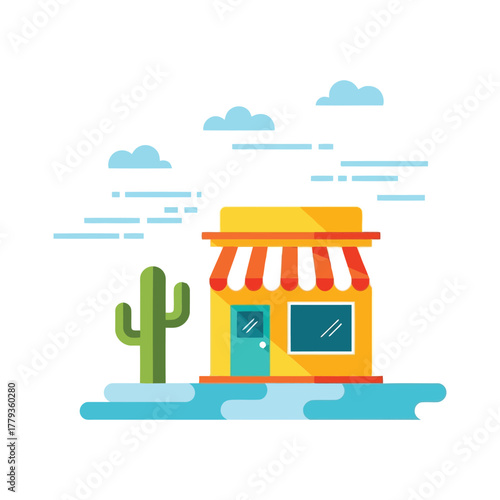 Stylized illustration of a vibrant small shop with an awning and cactus, symbolizing local commerce in a modern desert setting